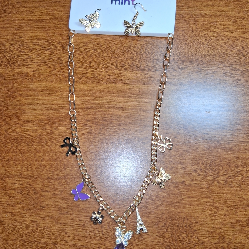 Mint Purple Butterfly Charm Necklace & Earring Set
